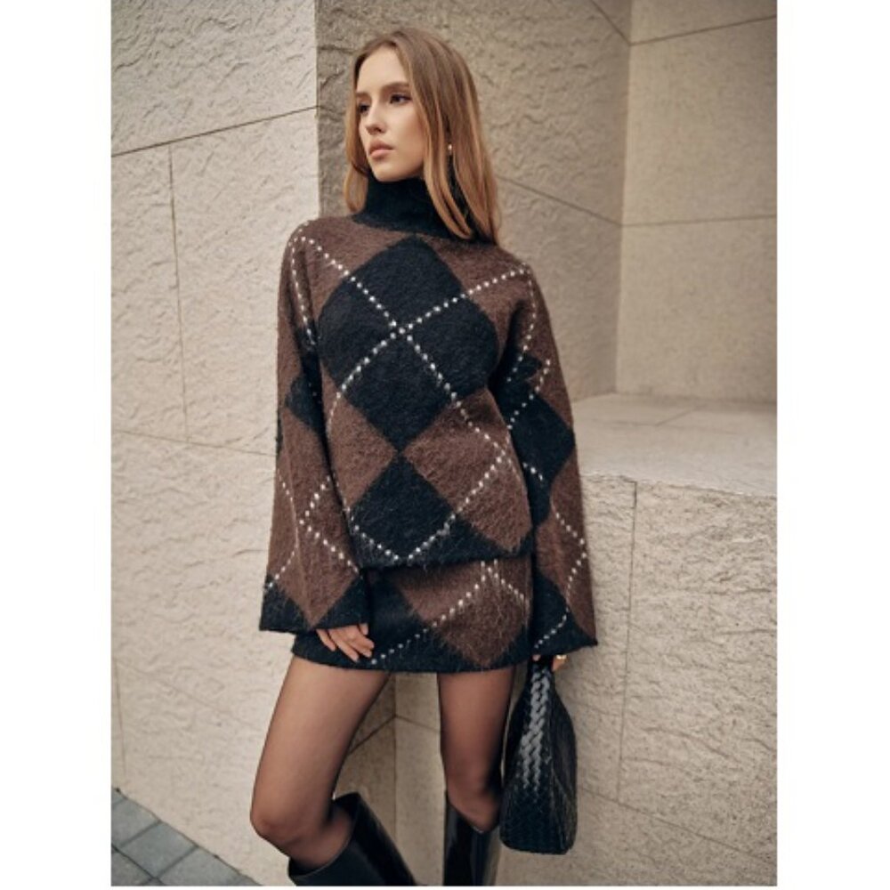 Commense Argyle Wool-Blend Sweater & Mini Skirt Set NWT, Size S/M - Picture 3 of 17